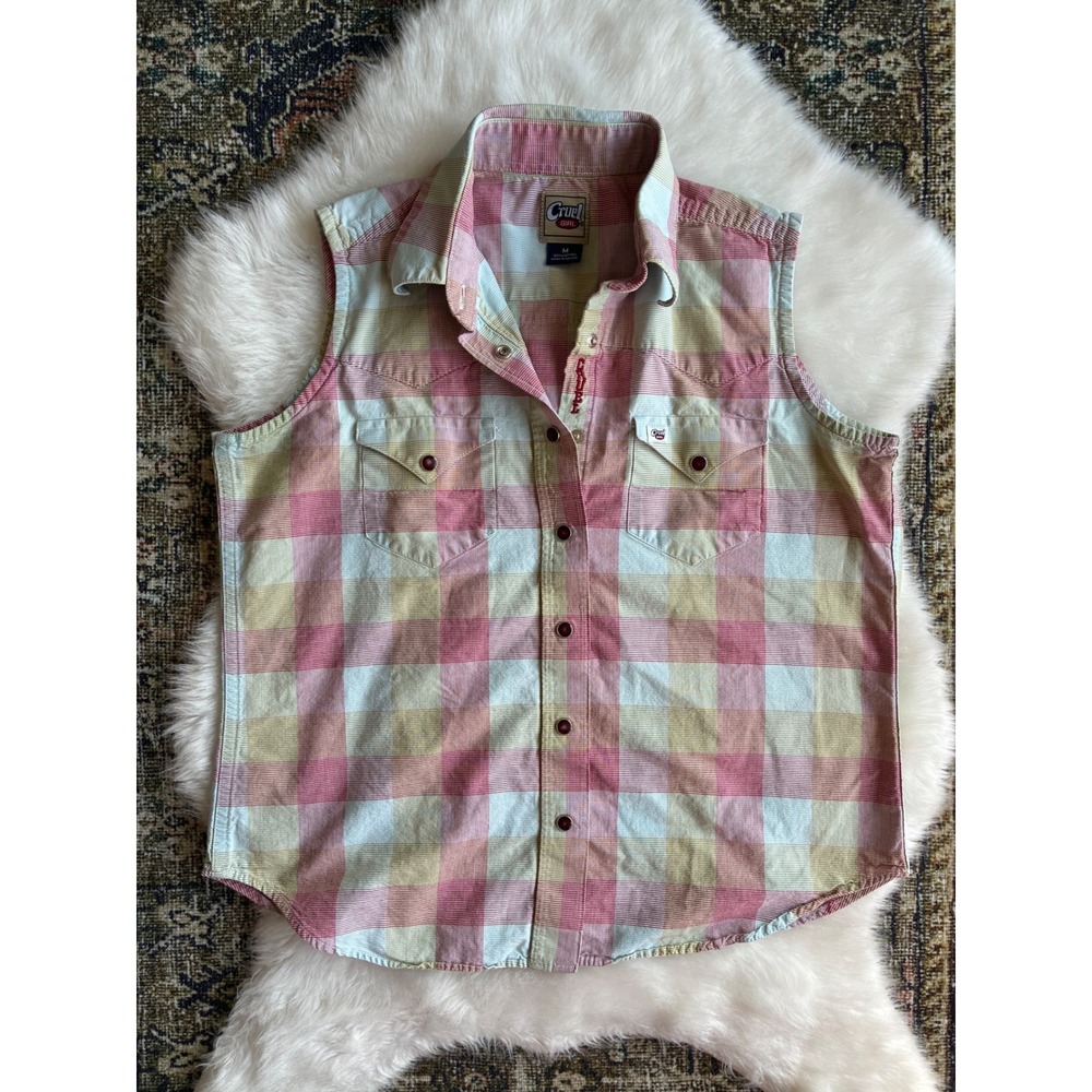 Cruel Girl Western Womens Plaid Sleeveless Button Up Shirt Size M pnk yellow blu